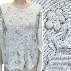 VINTAGE beaded embroidered sparkle knit sweater cardigan button front floral 90s
